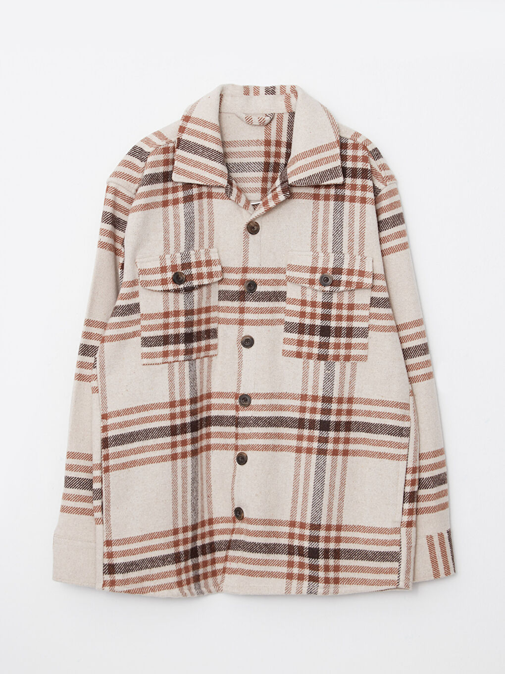 Ekru Rahat Kalıp Uzun Kollu Ekose Erkek Oduncu Gömlek Ceket-5