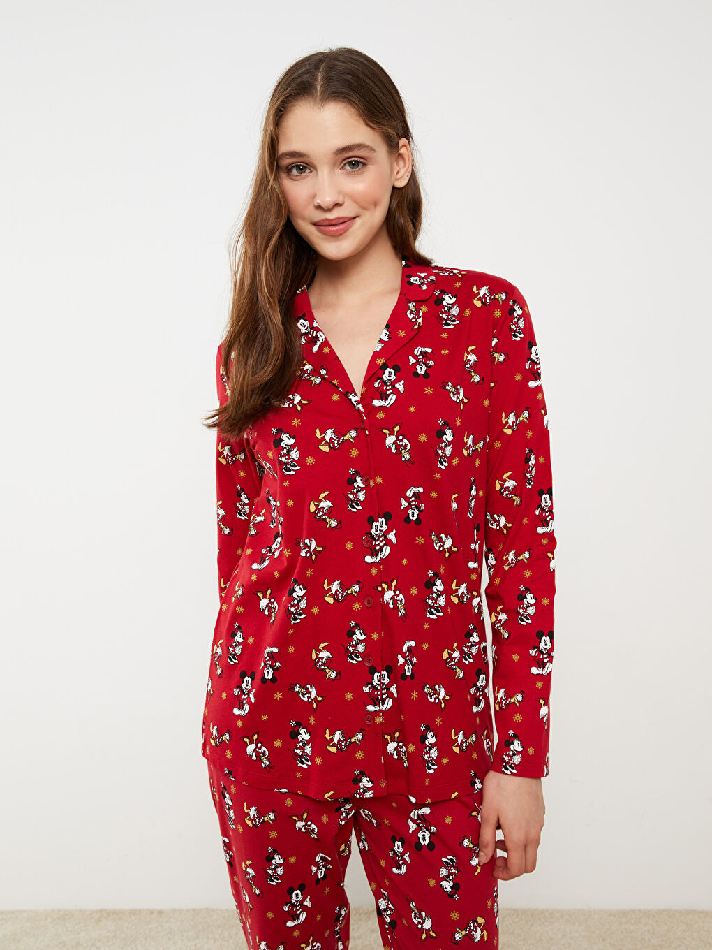Shirt Collar Mickey Mouse Printed Long Sleeve Women's Pajamas Set-1