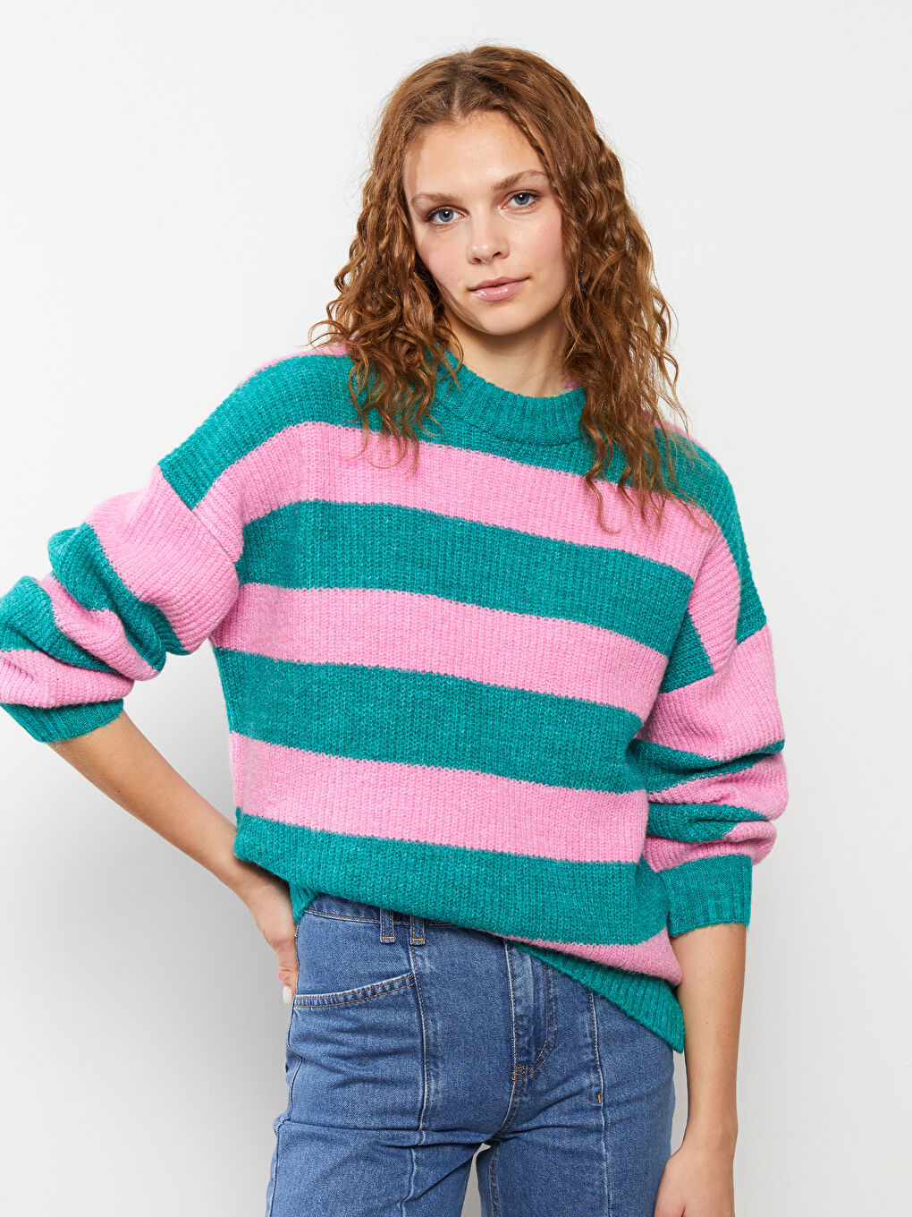Crew Neck Color Block Long Sleeve Women's Knitwear Sweater-2