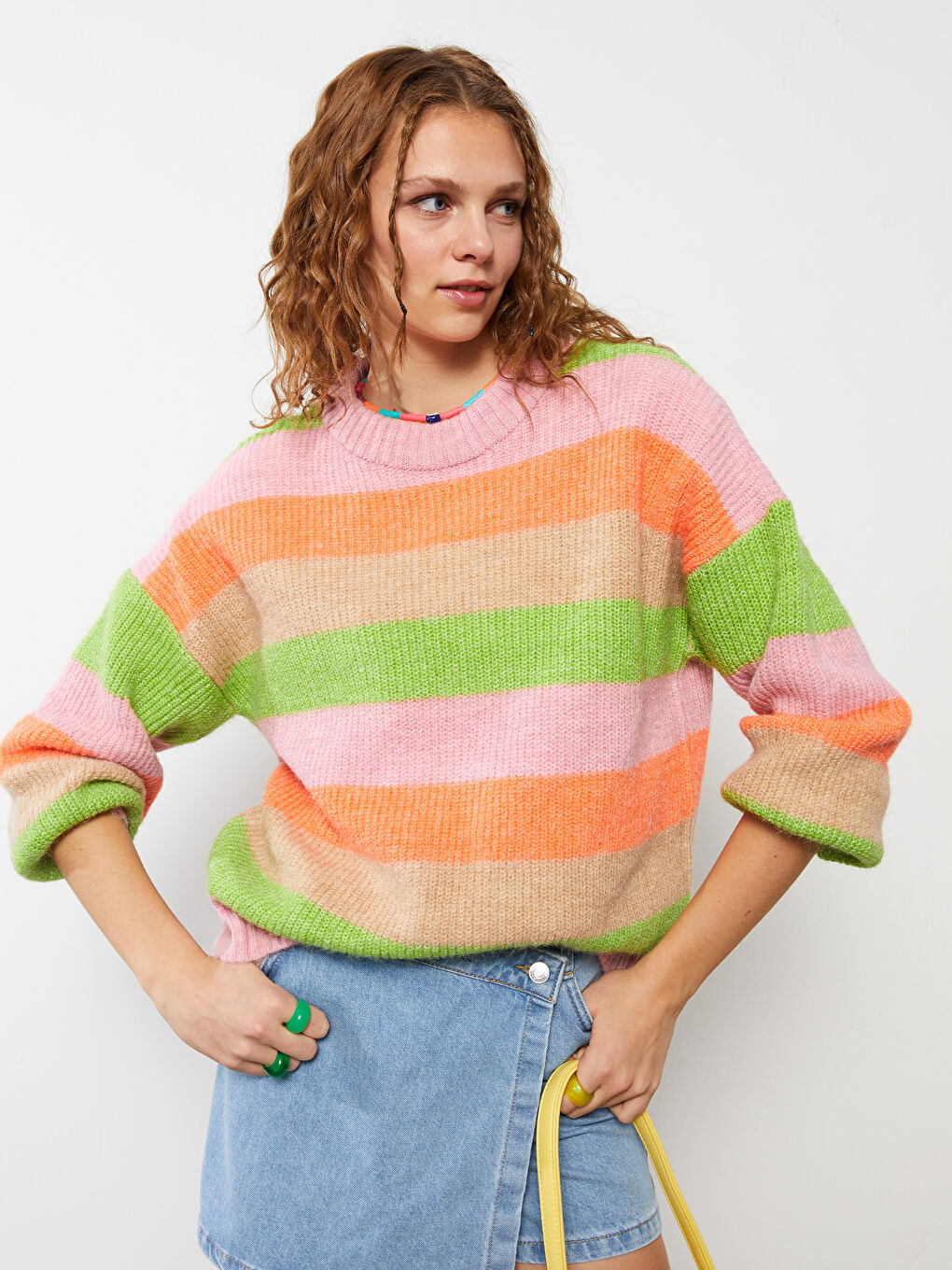 Pembe Bisiklet Yaka Renk Bloklu Uzun Kollu Kadın Triko Kazak-1