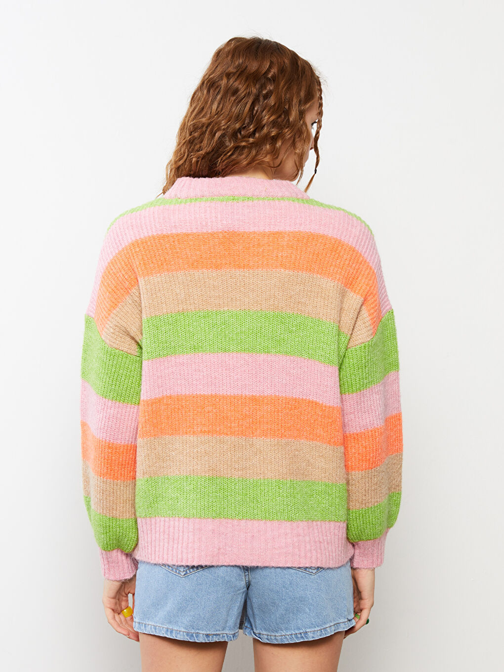 Pembe Bisiklet Yaka Renk Bloklu Uzun Kollu Kadın Triko Kazak-4