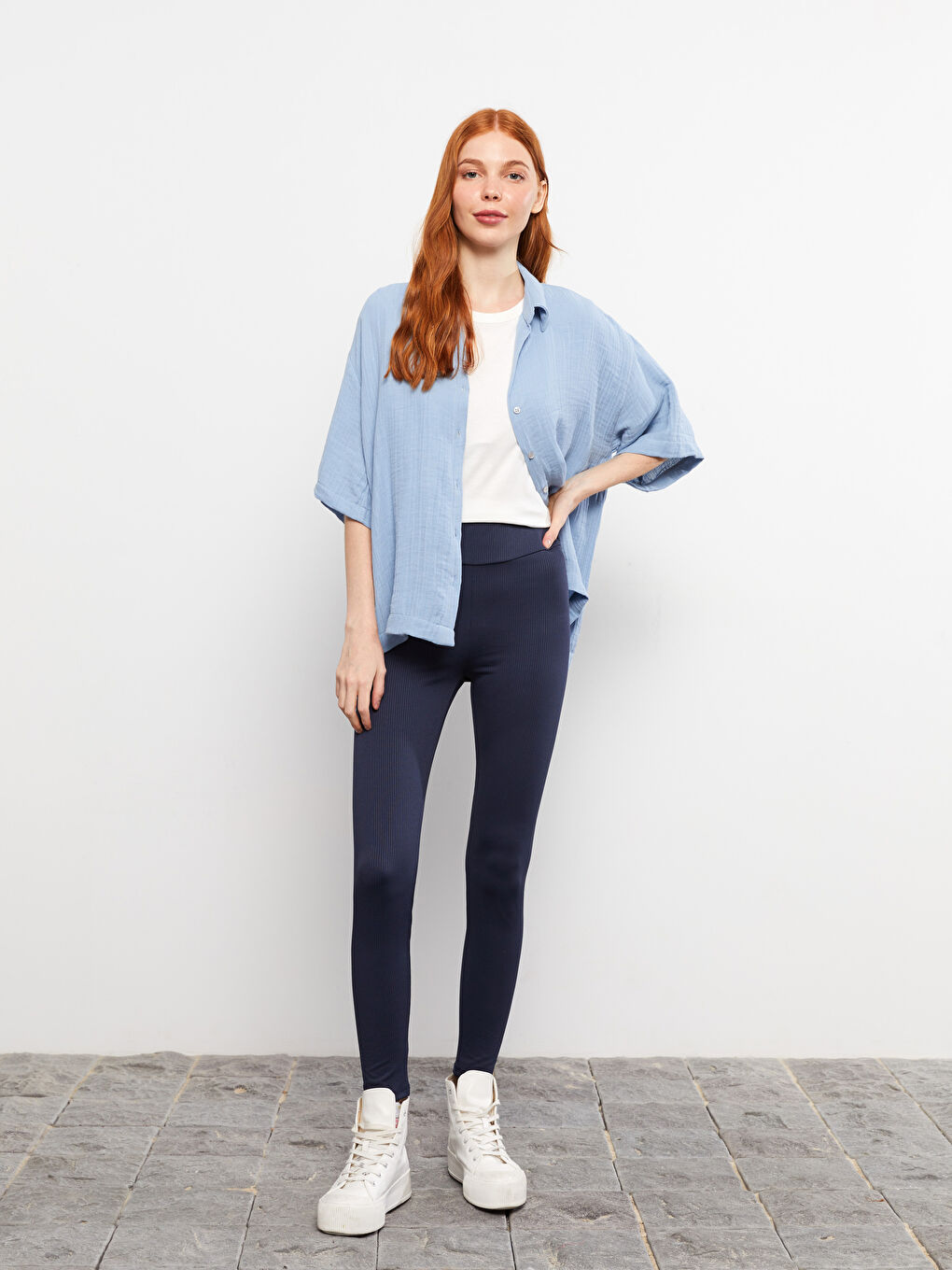 Lacivert Kadın Beli Lastikli Düz Tayt-1