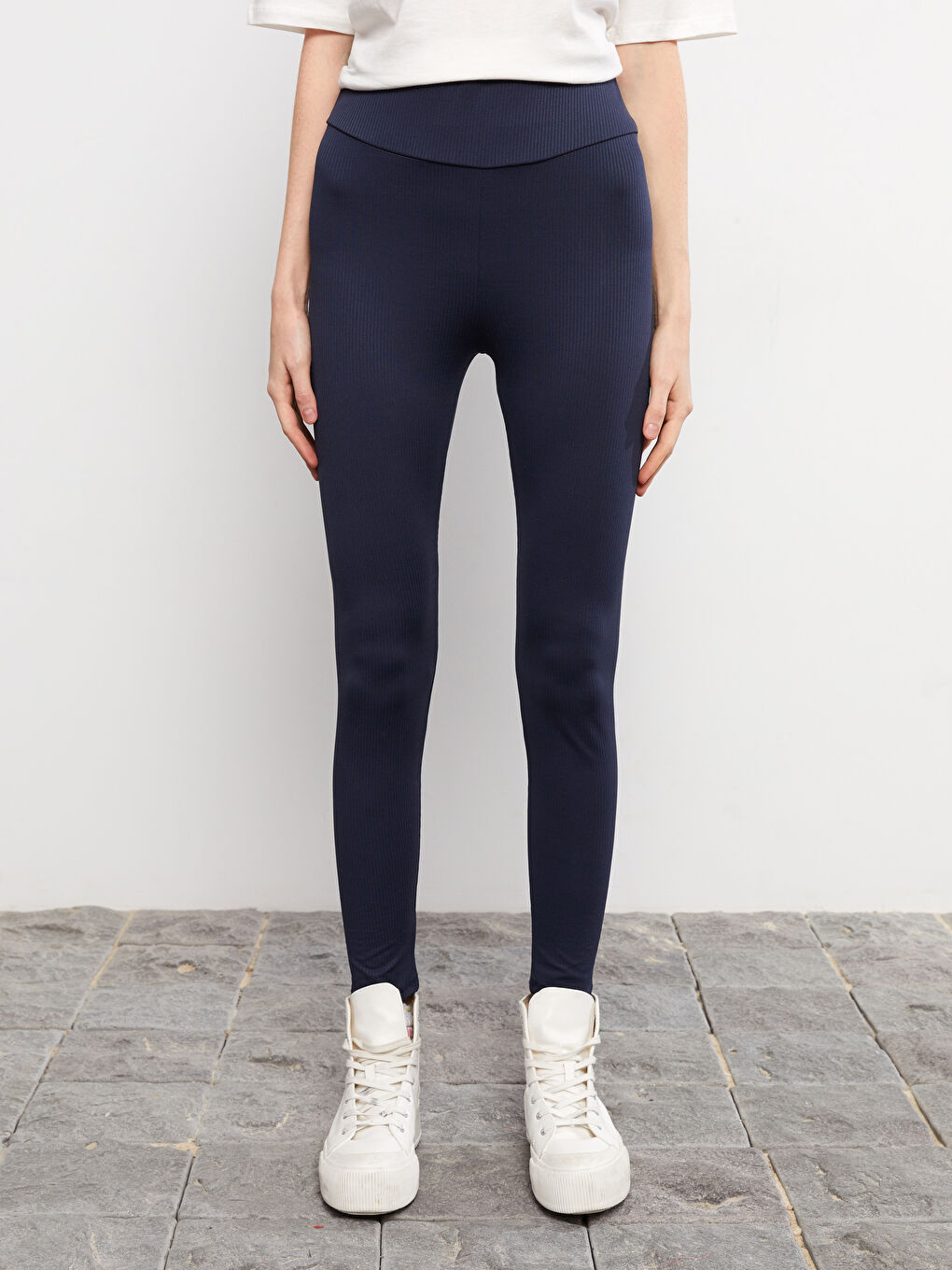 Lacivert Kadın Beli Lastikli Düz Tayt-3