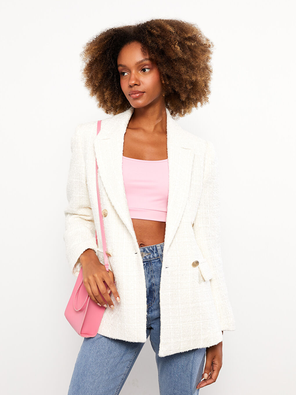 Ekru Kendinden Desenli Uzun Kollu Kadın Tüvit Blazer Ceket