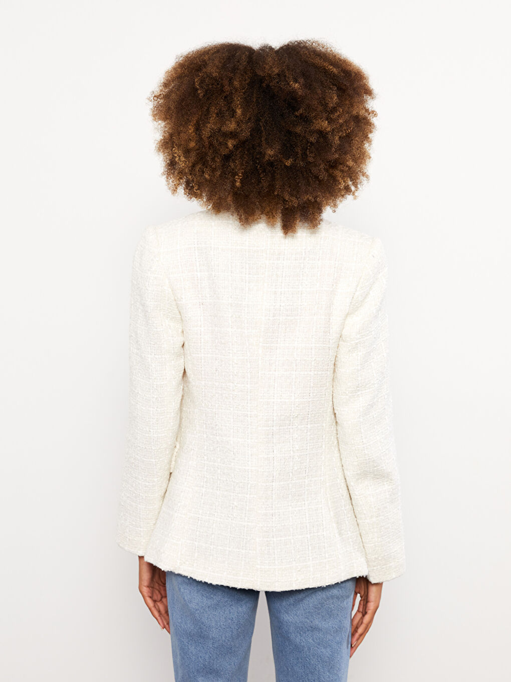 Ekru Kendinden Desenli Uzun Kollu Kadın Tüvit Blazer Ceket-4