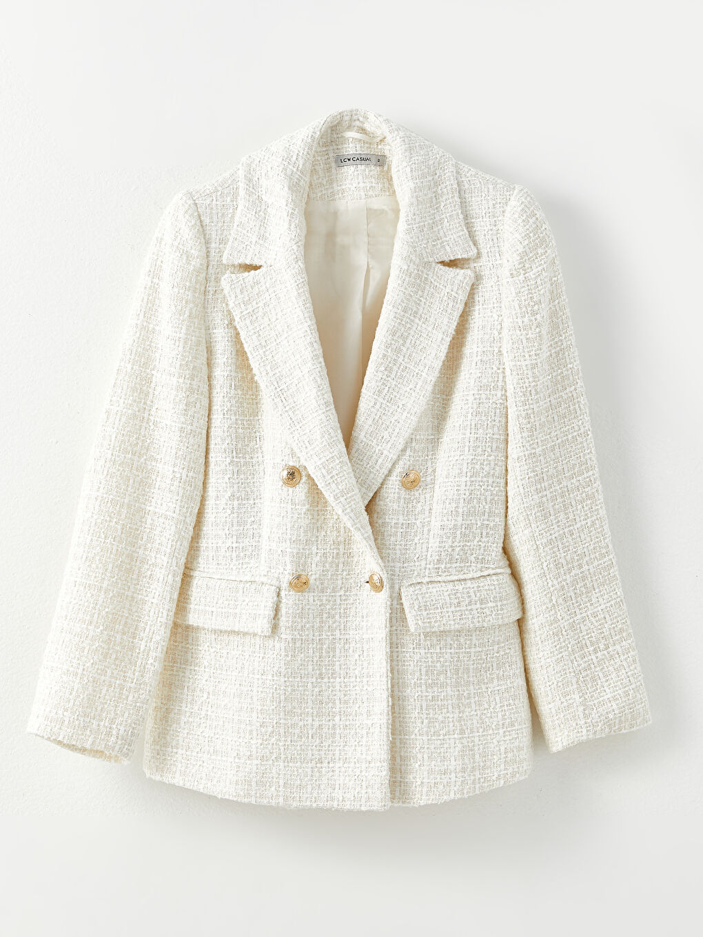 Ekru Kendinden Desenli Uzun Kollu Kadın Tüvit Blazer Ceket-5