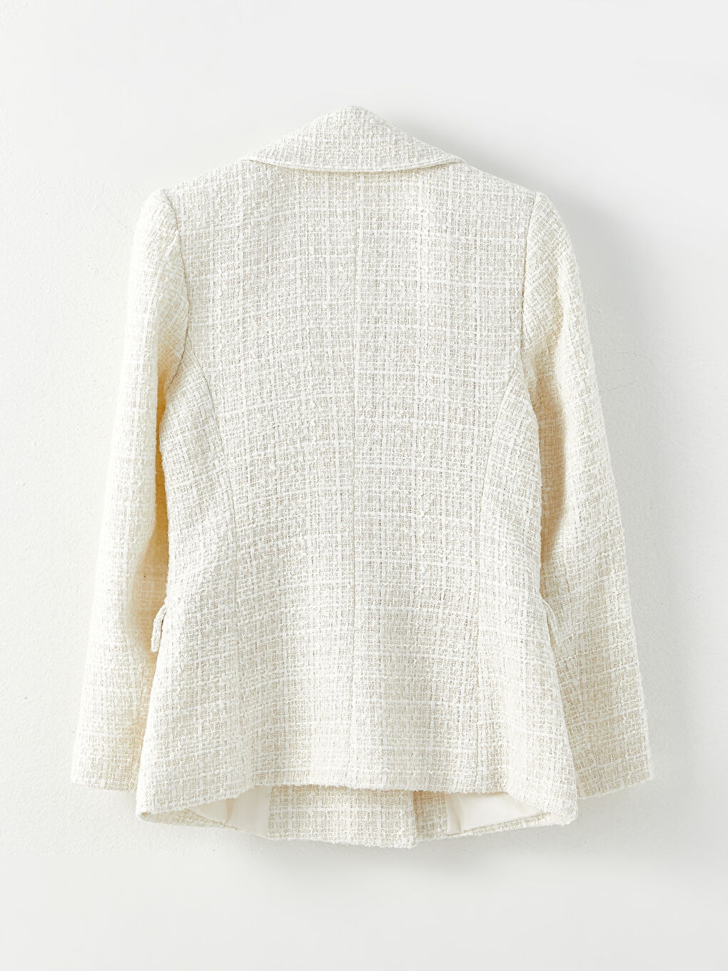 Ekru Kendinden Desenli Uzun Kollu Kadın Tüvit Blazer Ceket-6