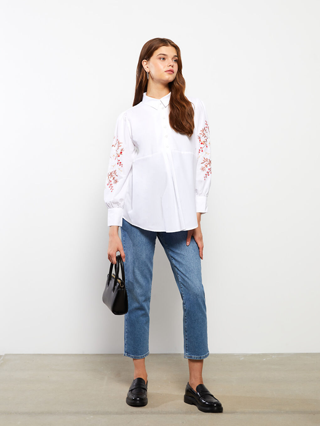 Shirt Neck Embroidered Long Sleeve Poplin Maternity Blouse-1