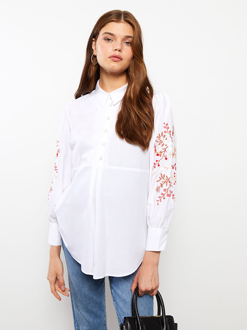 Shirt Neck Embroidered Long Sleeve Poplin Maternity Blouse-2
