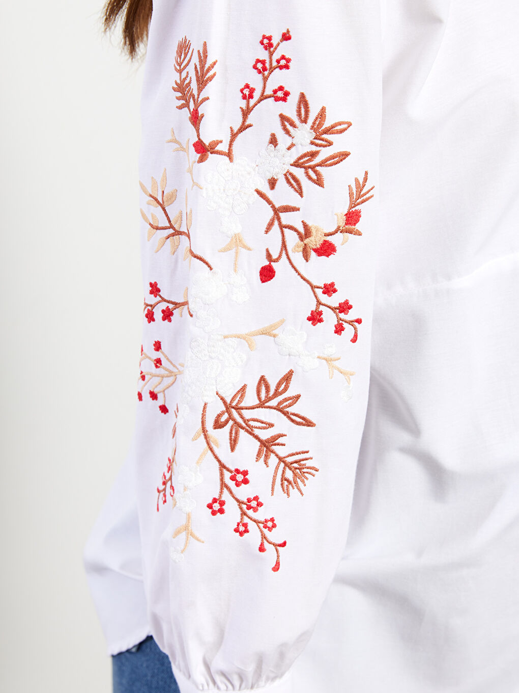 Shirt Neck Embroidered Long Sleeve Poplin Maternity Blouse-3