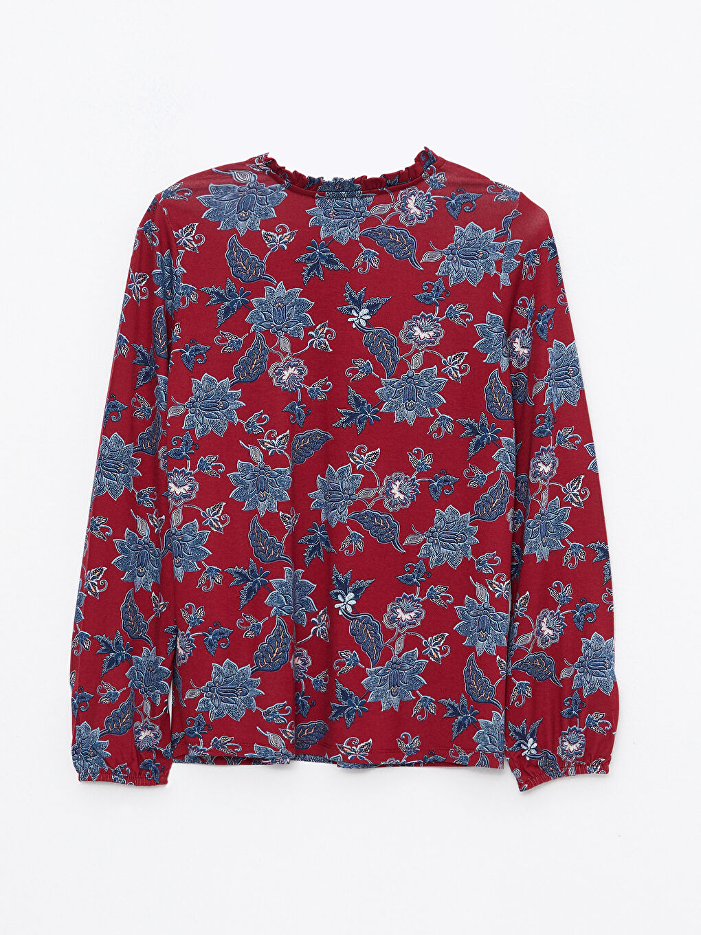 Kırmızı Bağlamalı Yaka Desenli Uzun Kollu Kadın Bluz-6