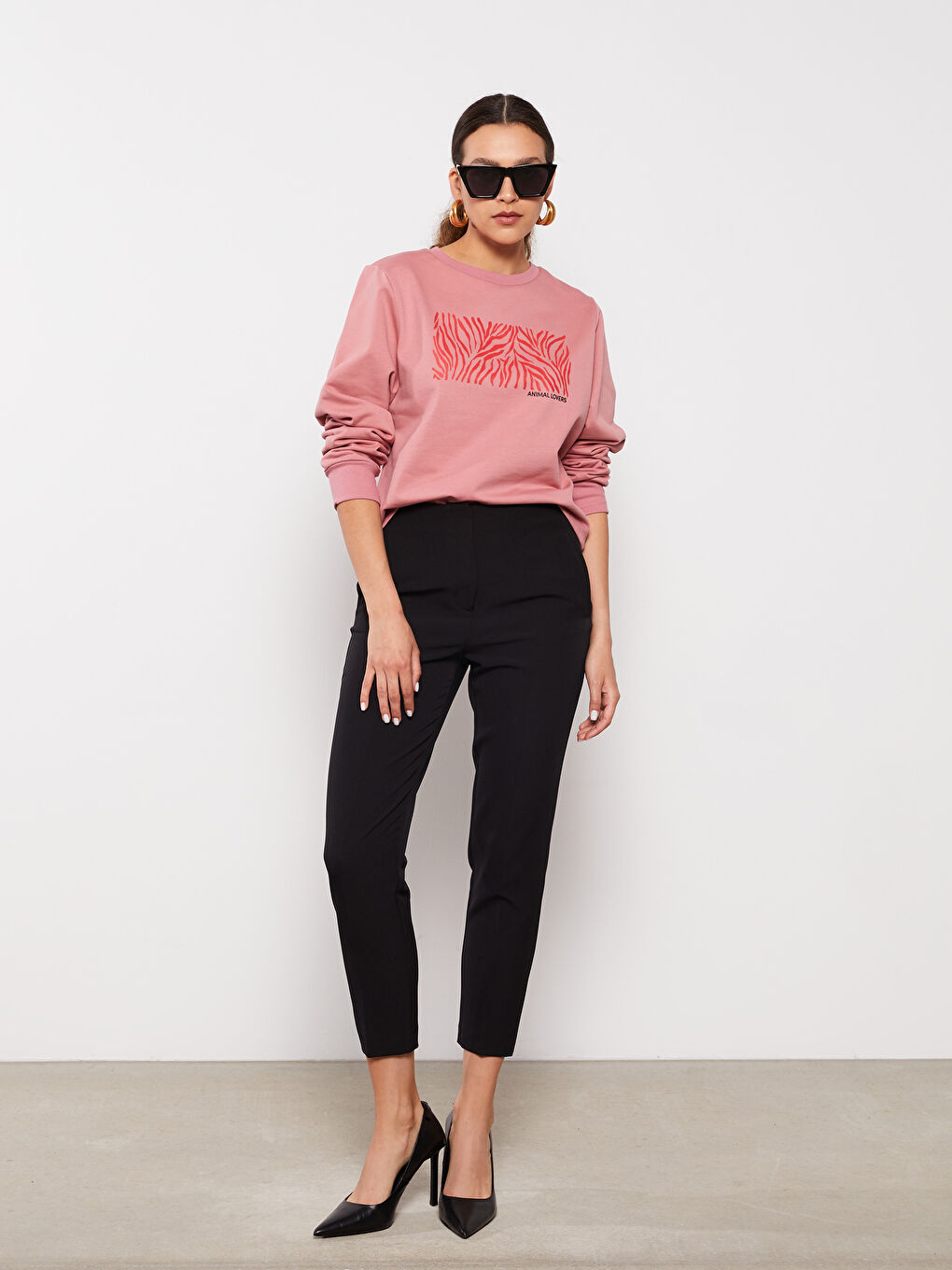 Hanorac cu Guler Rotund Imprimat cu Mânecă Lungă pentru Femei-1