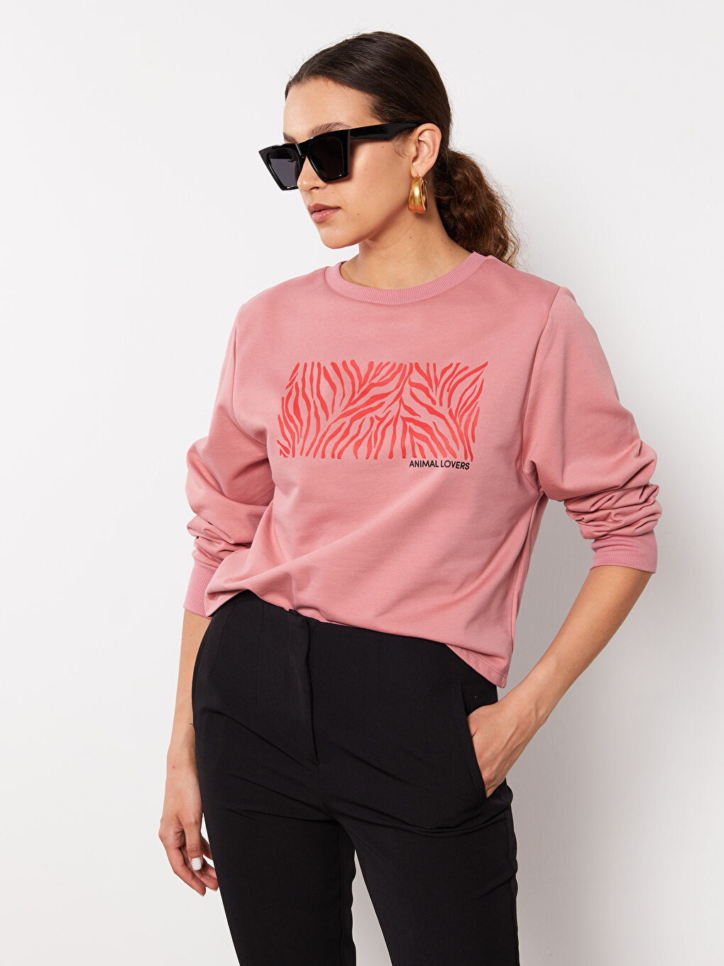 Hanorac cu Guler Rotund Imprimat cu Mânecă Lungă pentru Femei-2