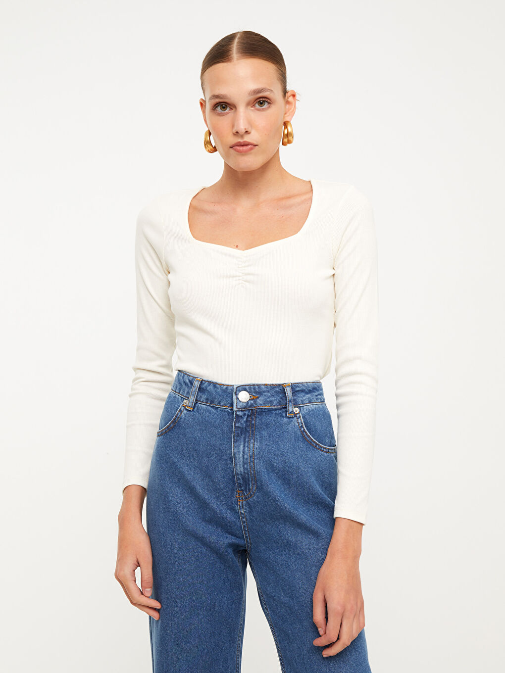 LCW Vision Square Collar Plain Long Sleeve Women's T-Shirt -W2AU64Z8-R9J