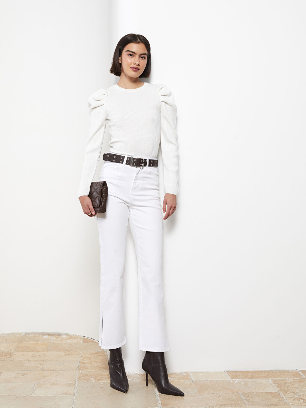 Ekru Bisiklet Yaka Düz Uzun Kollu Kadın Triko Kazak