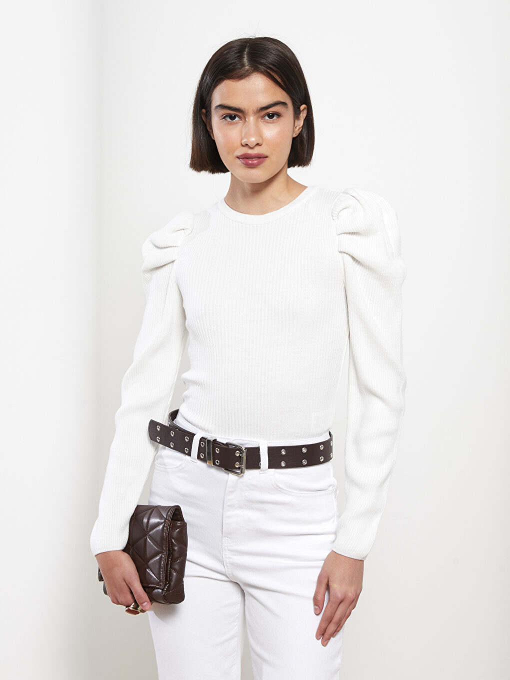 Ekru Bisiklet Yaka Düz Uzun Kollu Kadın Triko Kazak-1