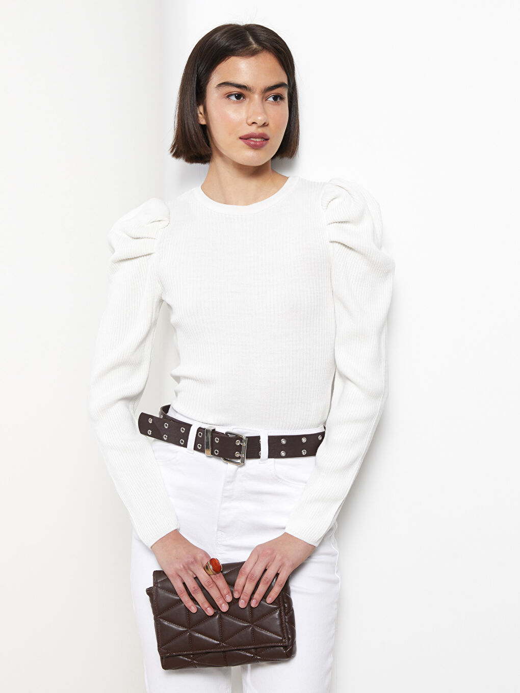 Ekru Bisiklet Yaka Düz Uzun Kollu Kadın Triko Kazak-2