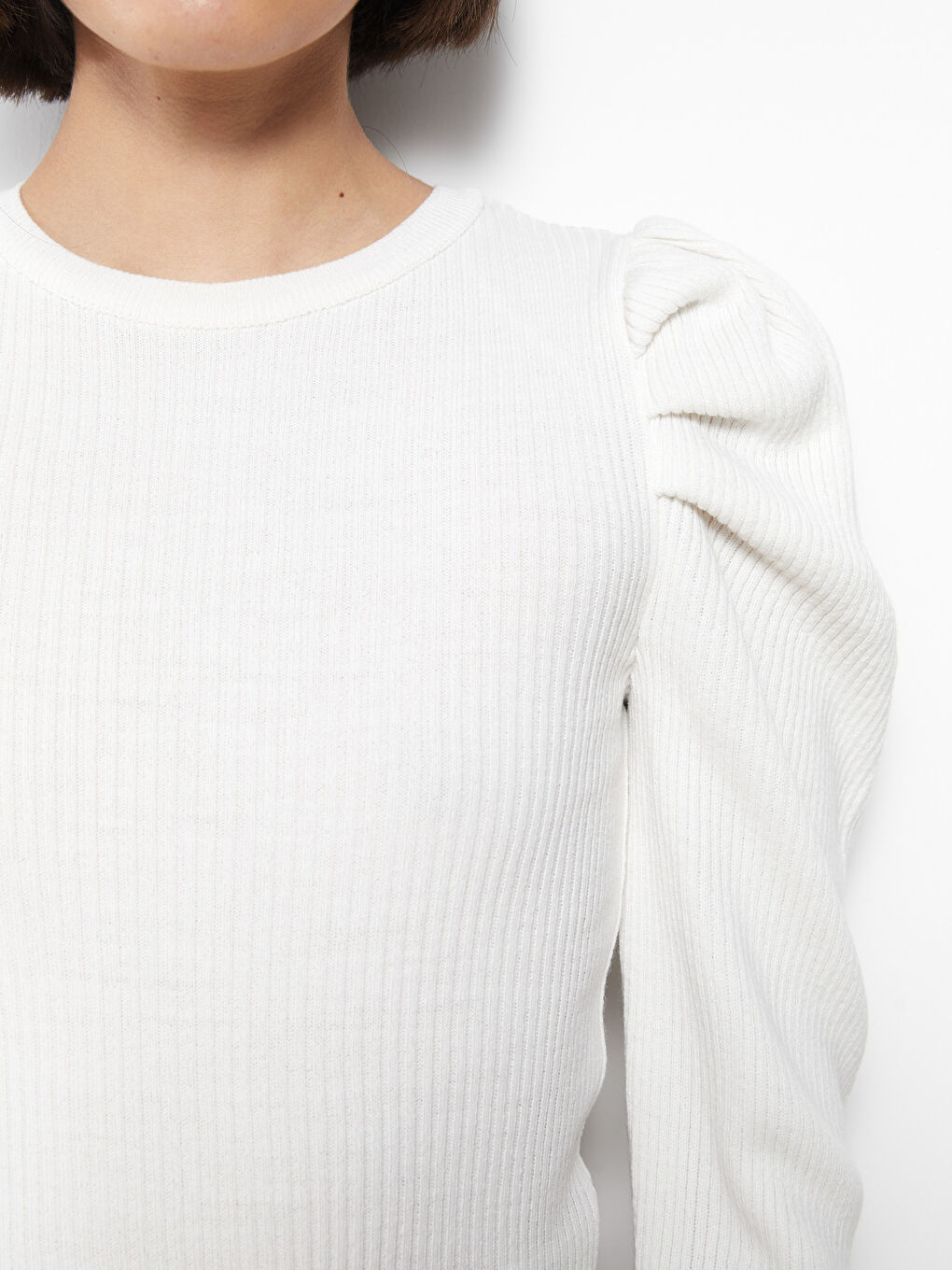 Ekru Bisiklet Yaka Düz Uzun Kollu Kadın Triko Kazak-3