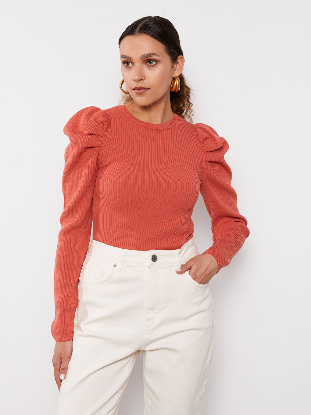 Crew Neck Plain Long Sleeve Women's Knitwear Sweater-2