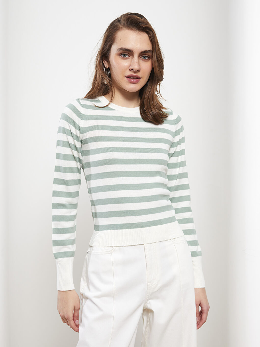 Yeşil Bisiklet Yaka Çizgili Uzun Kollu Kadın Triko Kazak