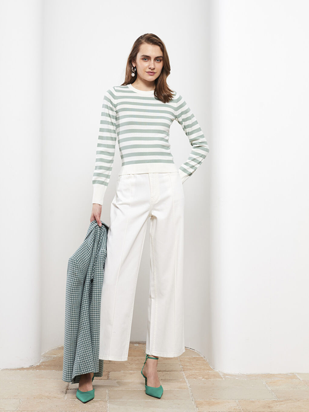 Yeşil Bisiklet Yaka Çizgili Uzun Kollu Kadın Triko Kazak-2