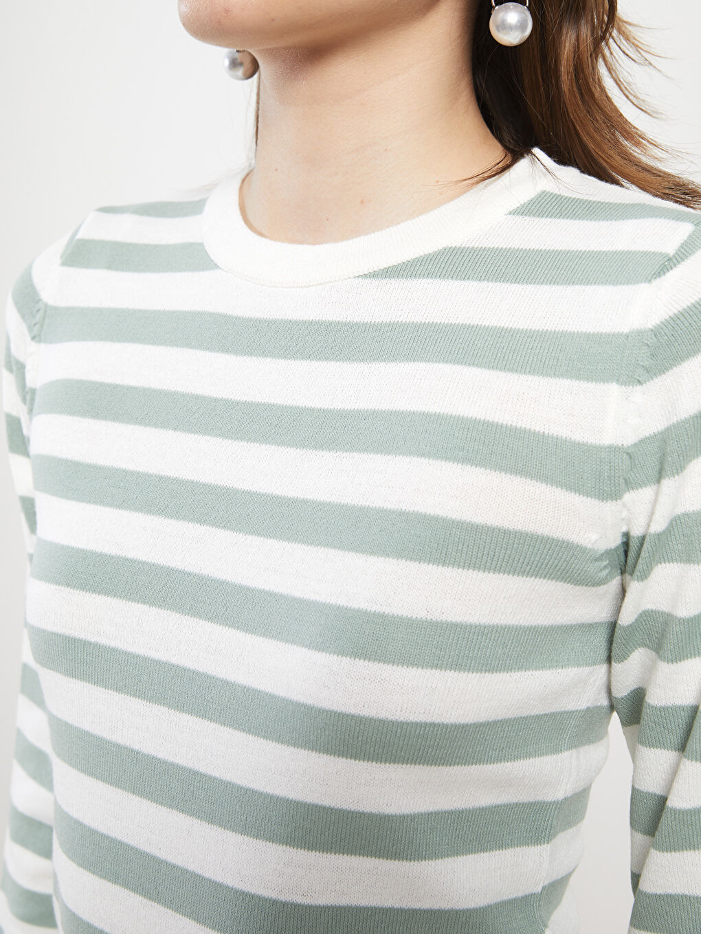 Yeşil Bisiklet Yaka Çizgili Uzun Kollu Kadın Triko Kazak-3