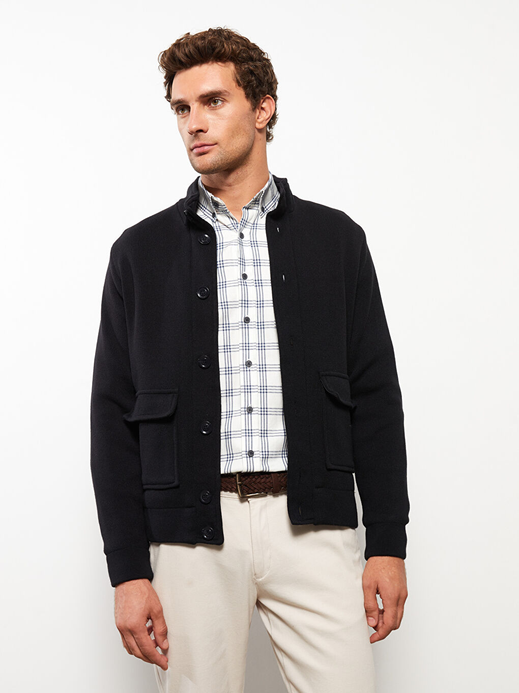 Lacivert Standart Kalıp Dik Yaka Erkek Triko Hırka