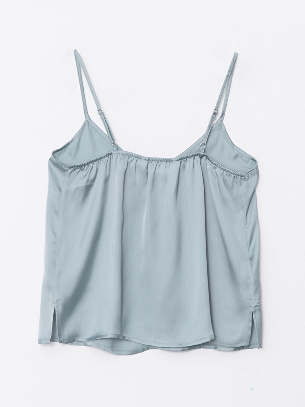 Yeşil V Yaka Düz Askılı Saten Kadın Pijama Üst-6