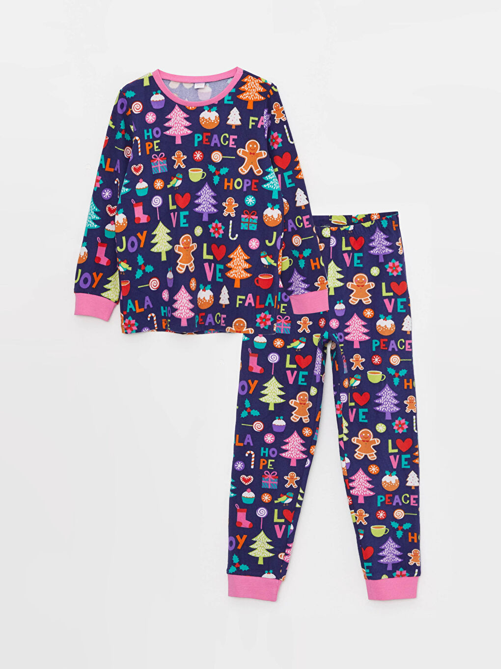 LCW Kids Crew Neck Patterned Long Sleeve Fleece Girls' Pajamas Set -W2AU85Z4-LSF
