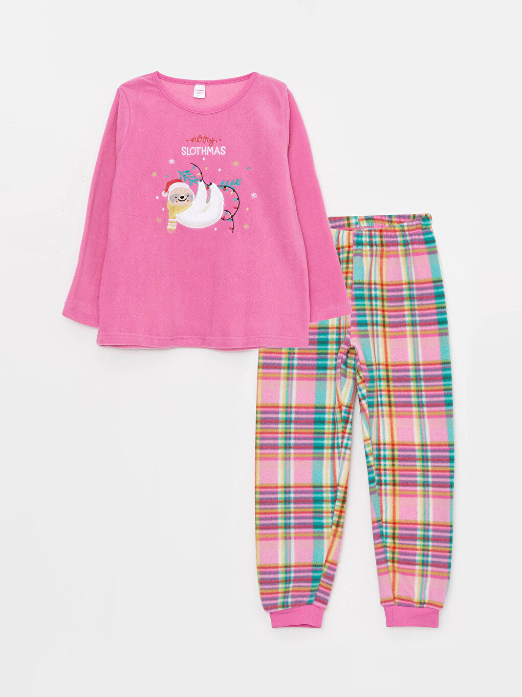 LCW Kids Crew Neck Christmas Themed Long Sleeve Fleece Girls' Pajamas Set -W2AU86Z4-R0M