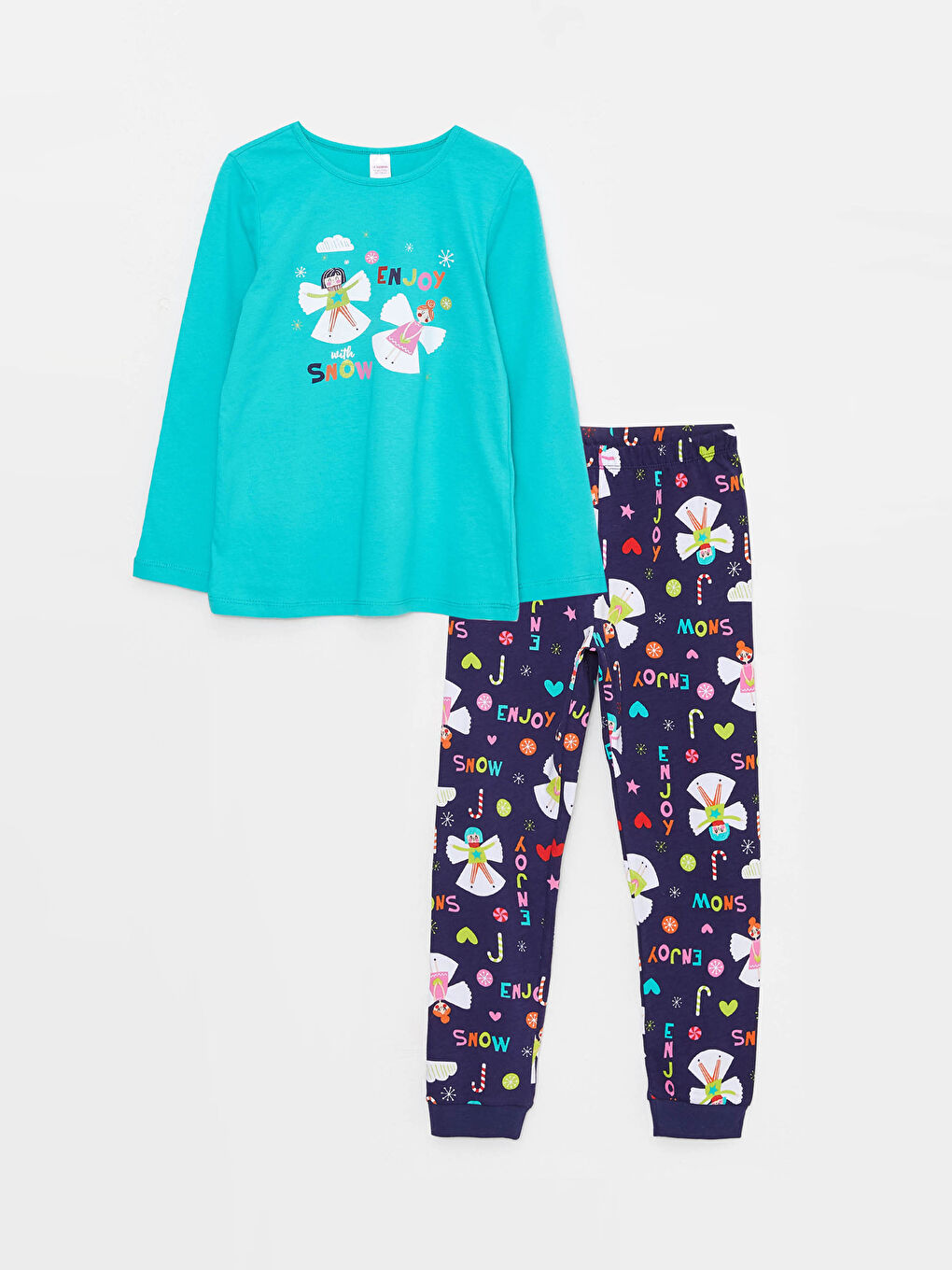 LCW Kids Bisiklet Yaka Baskılı Uzun Kollu Kız Çocuk Pijama Takımı -W2AU88Z4-FFL