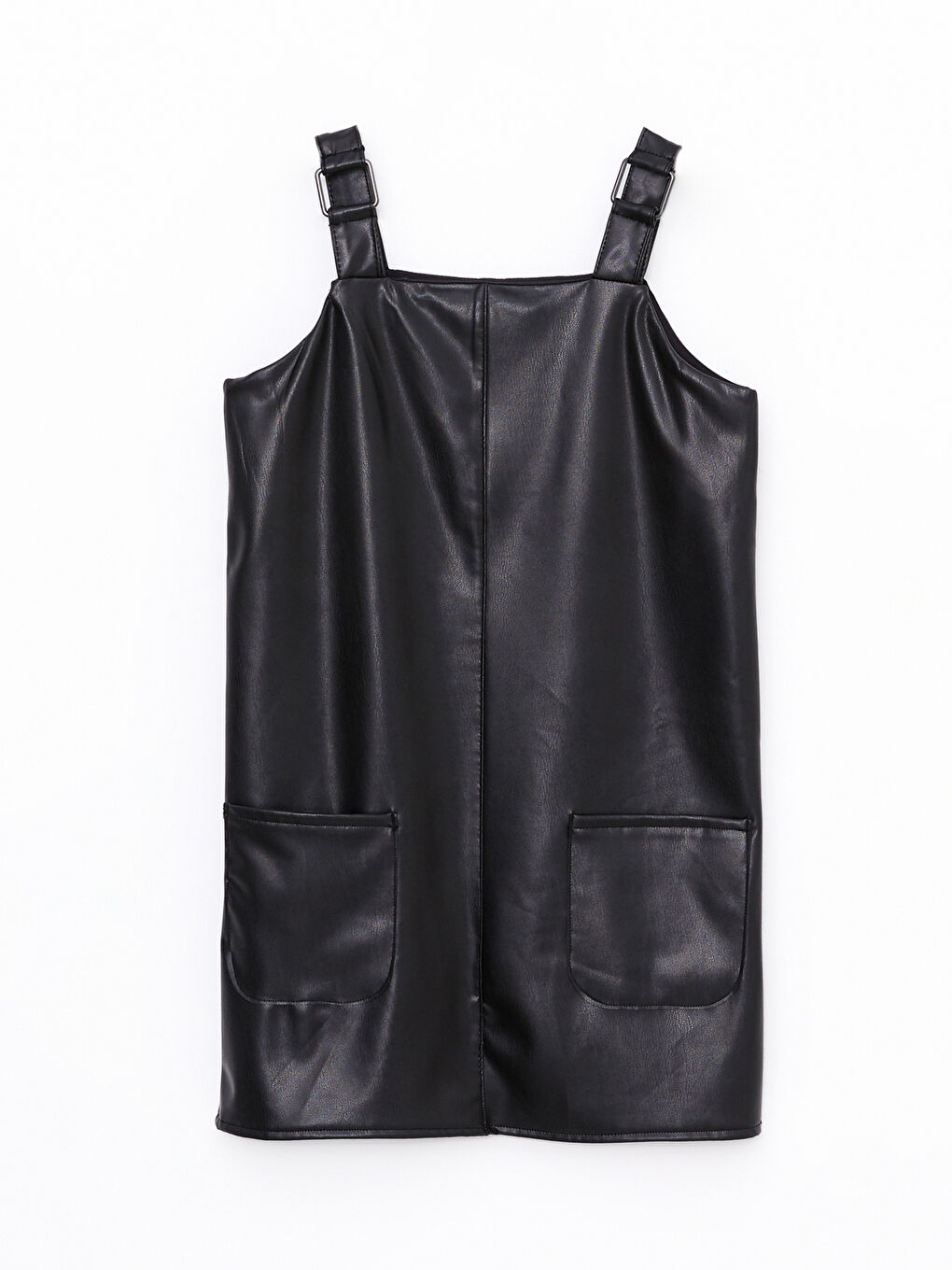 Siyah Kare Yaka Basic Askılı Deri Görünümlü Kız Çocuk Salopet Elbise-3