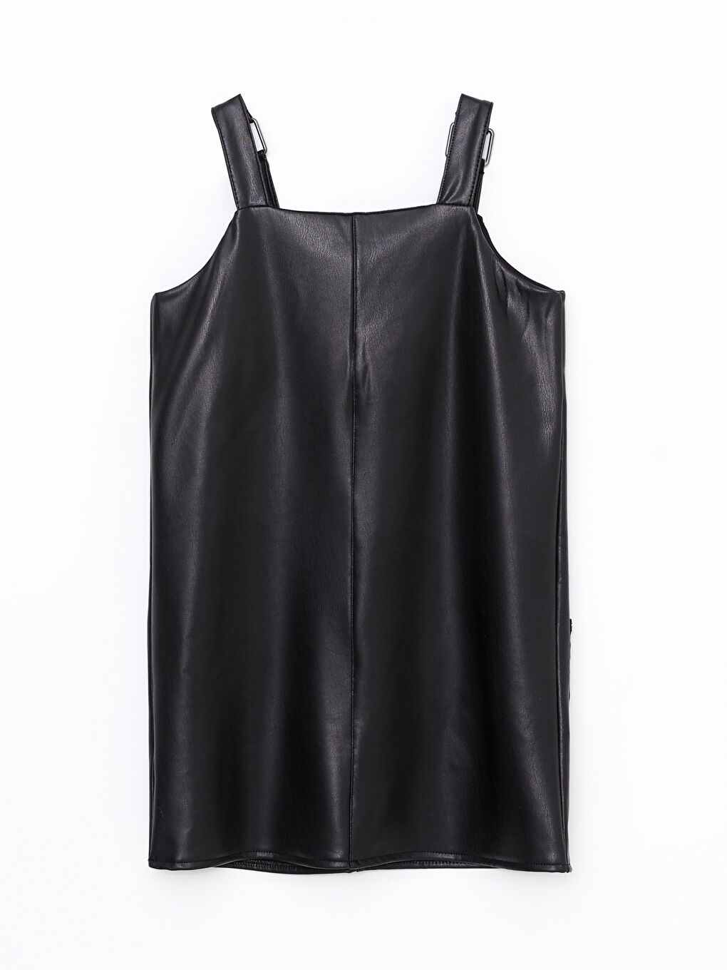 Siyah Kare Yaka Basic Askılı Deri Görünümlü Kız Çocuk Salopet Elbise-4