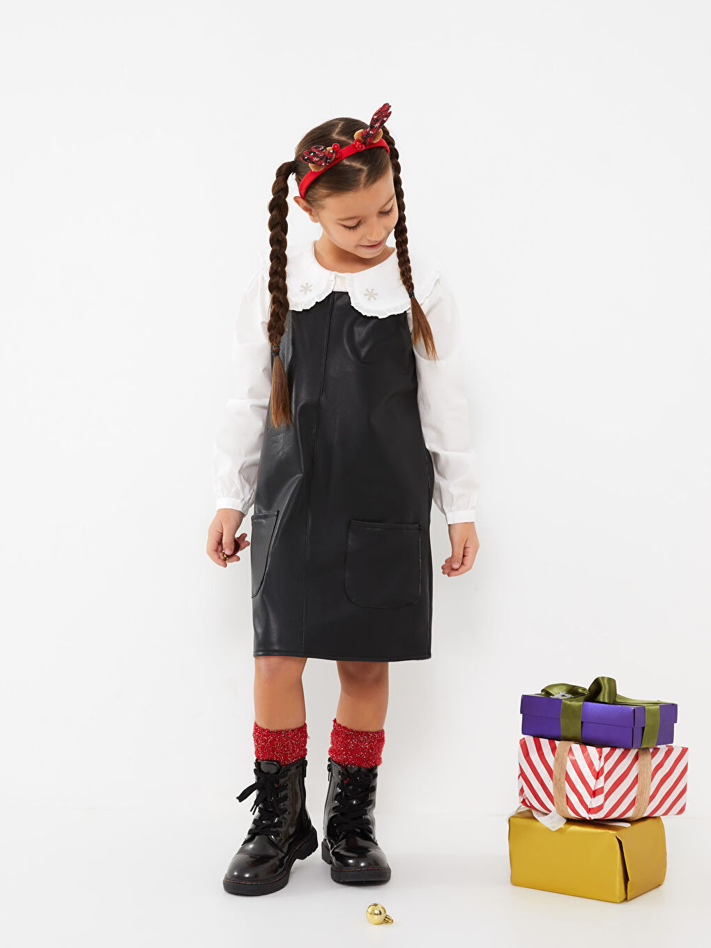 Siyah Kare Yaka Basic Askılı Deri Görünümlü Kız Çocuk Salopet Elbise-1