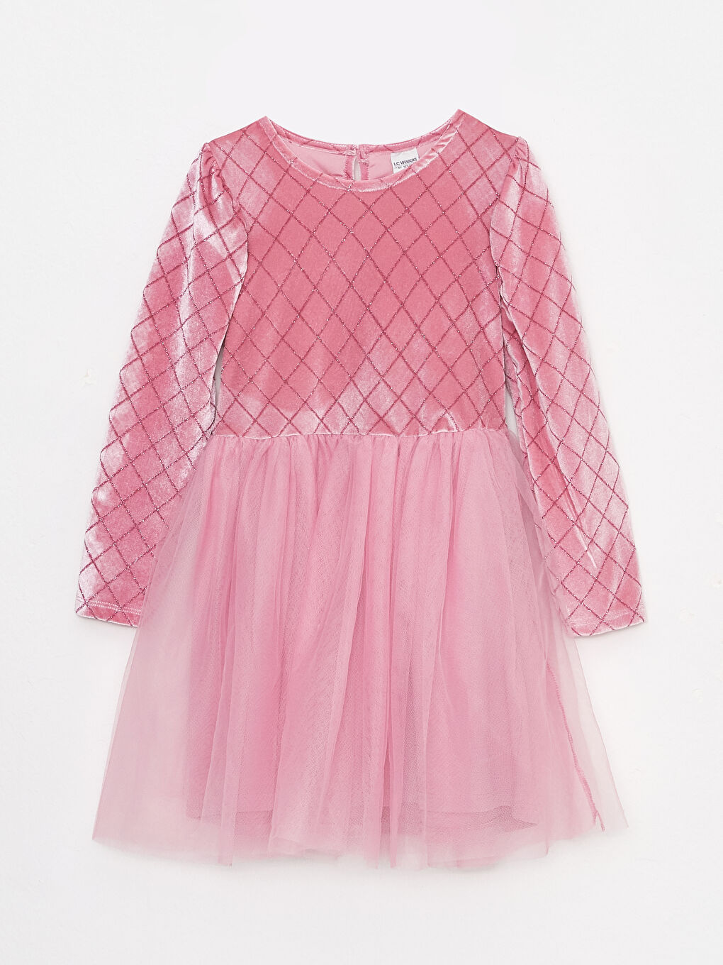 Pembe Bisiklet Yaka Desenli Uzun Kollu Kadife Kız Çocuk Elbise