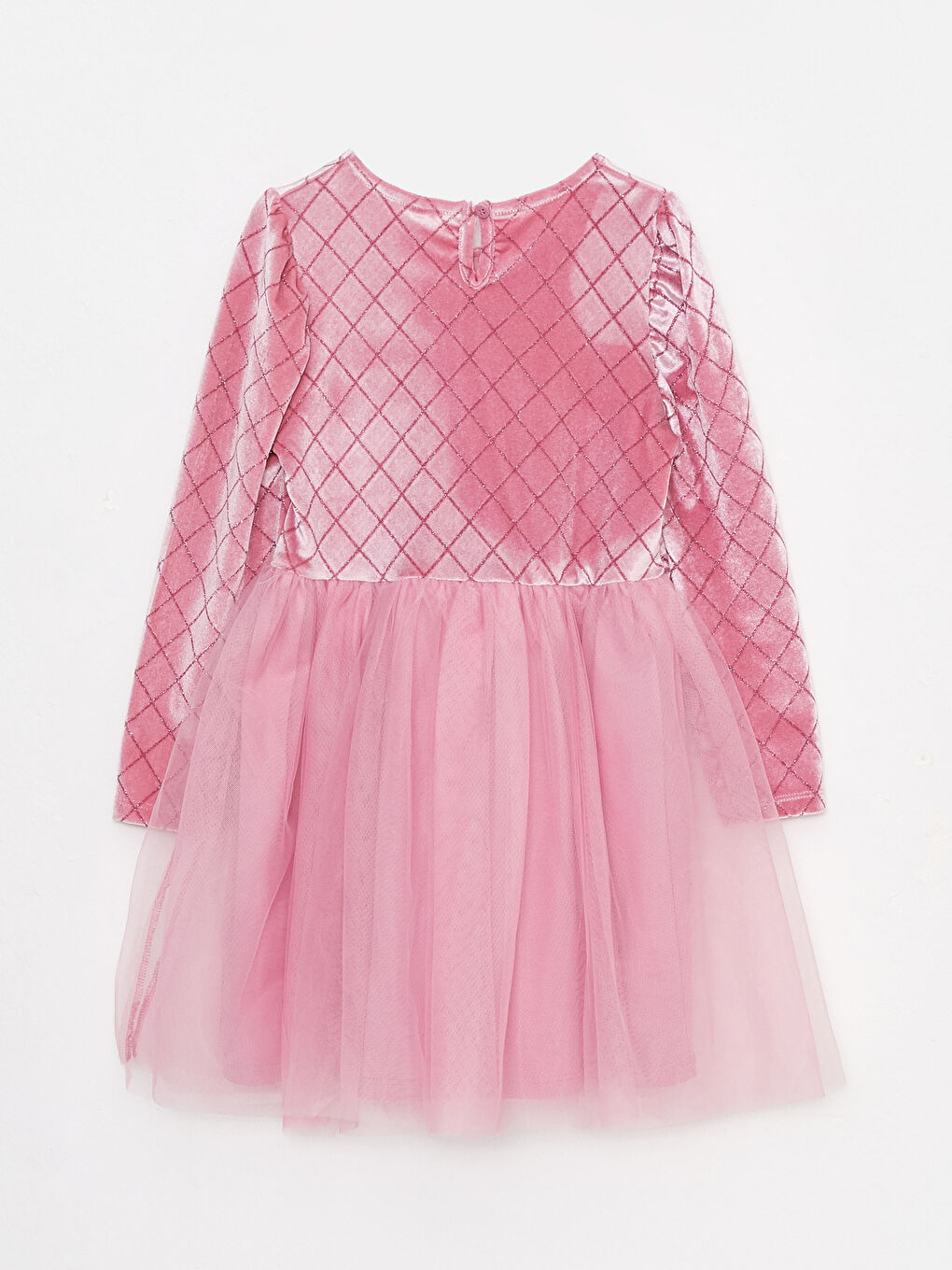 Pembe Bisiklet Yaka Desenli Uzun Kollu Kadife Kız Çocuk Elbise-1