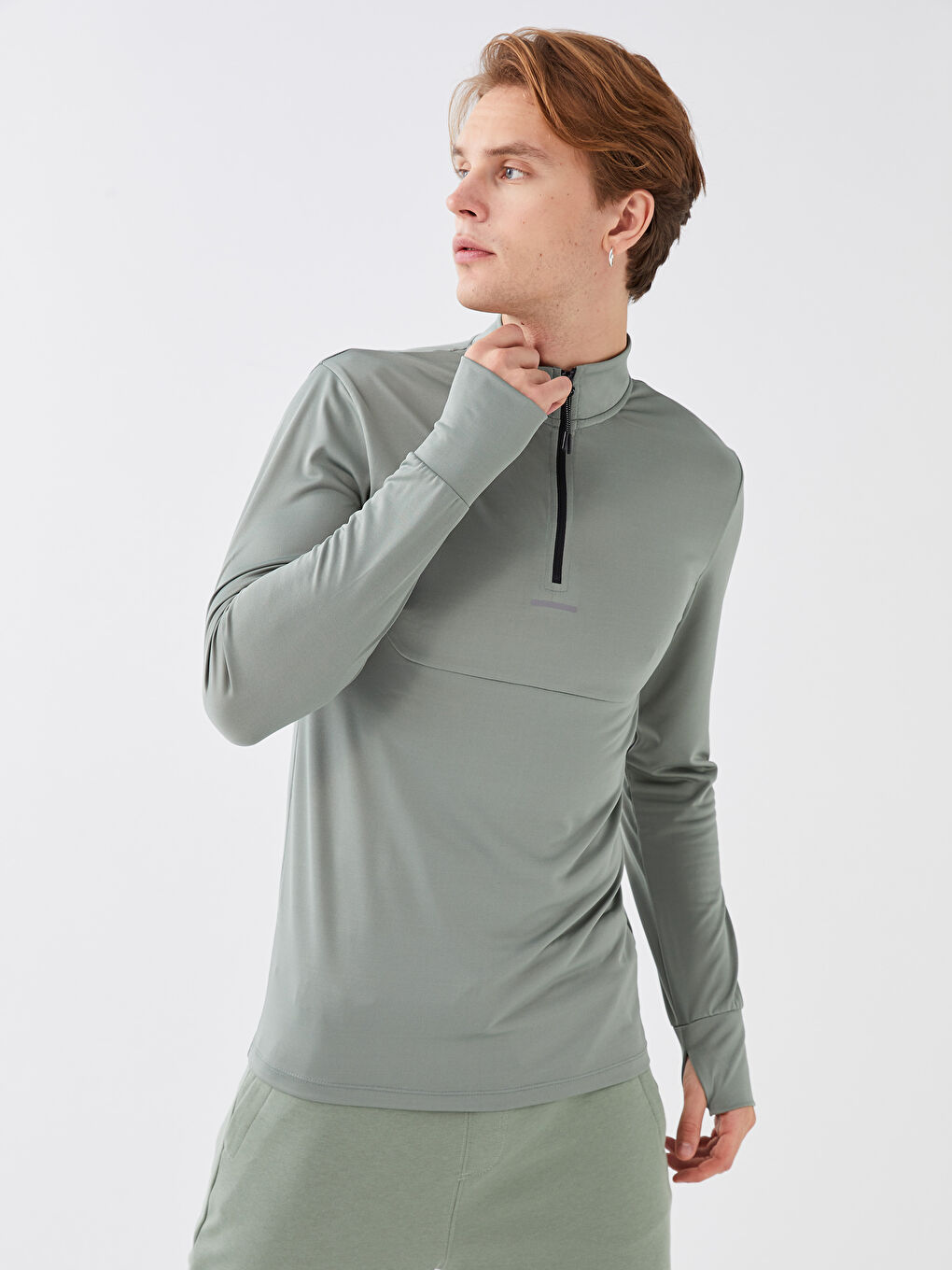 Haki Dik Yaka Uzun Kollu Erkek Spor Sweatshirt