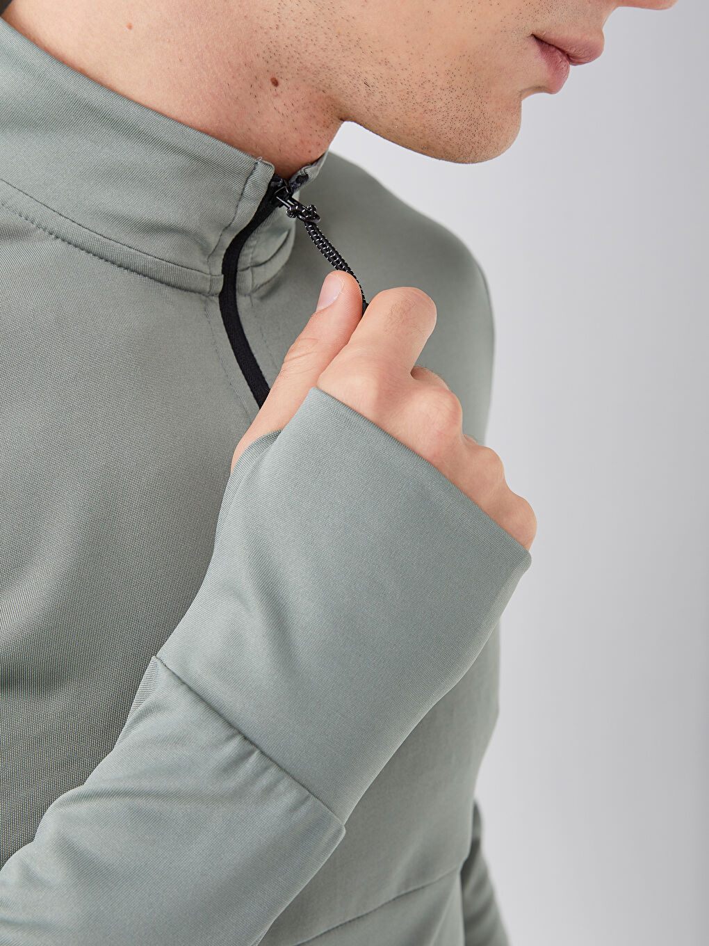 Haki Dik Yaka Uzun Kollu Erkek Spor Sweatshirt-3