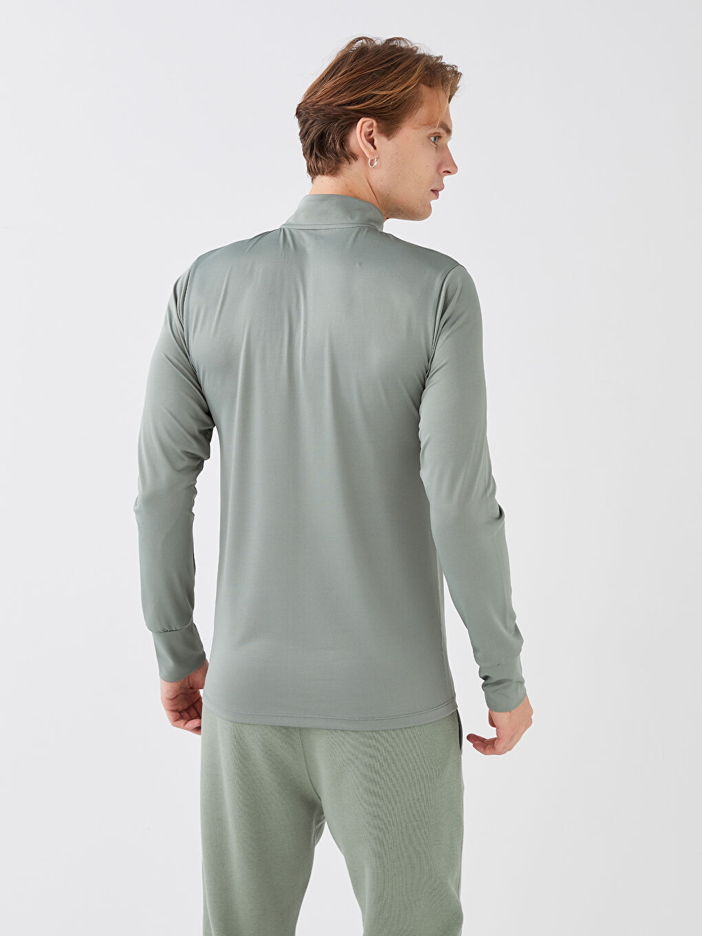 Haki Dik Yaka Uzun Kollu Erkek Spor Sweatshirt-4