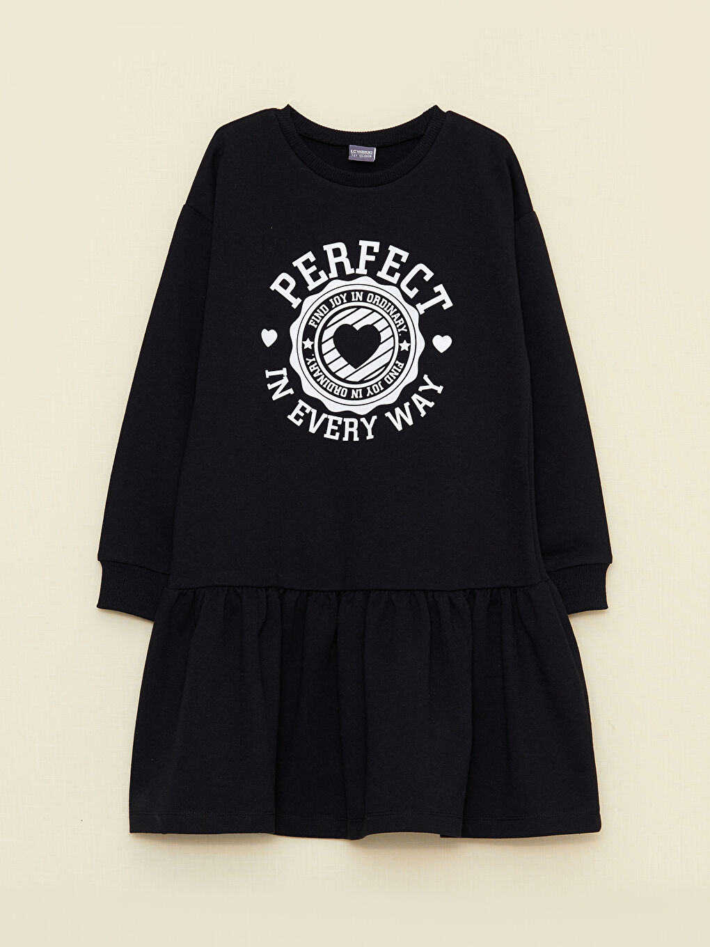 Siyah Bisiklet Yaka Baskılı Uzun Kollu Kız Çocuk Elbise