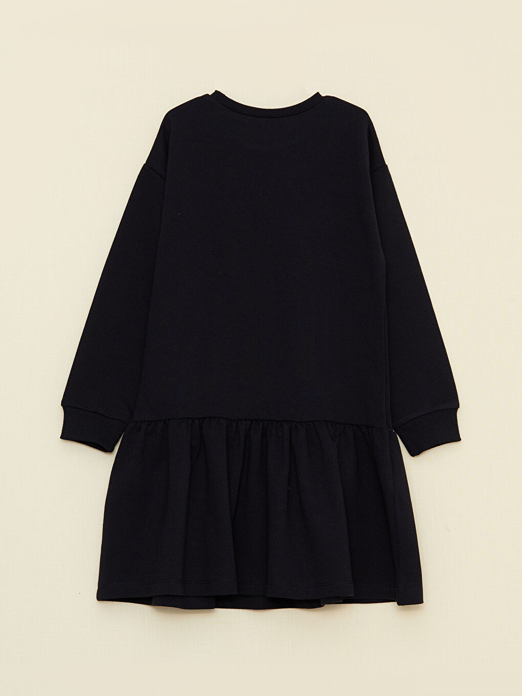 Siyah Bisiklet Yaka Baskılı Uzun Kollu Kız Çocuk Elbise-1