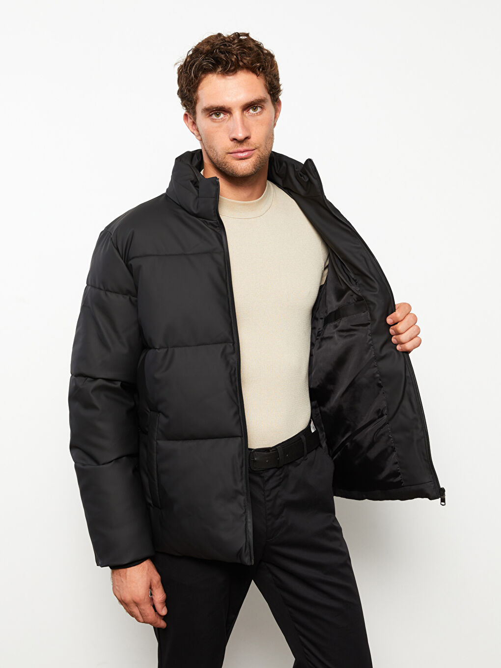 Siyah Standart Kalıp Dik Yaka Erkek Deri Görünümlü Mont-2