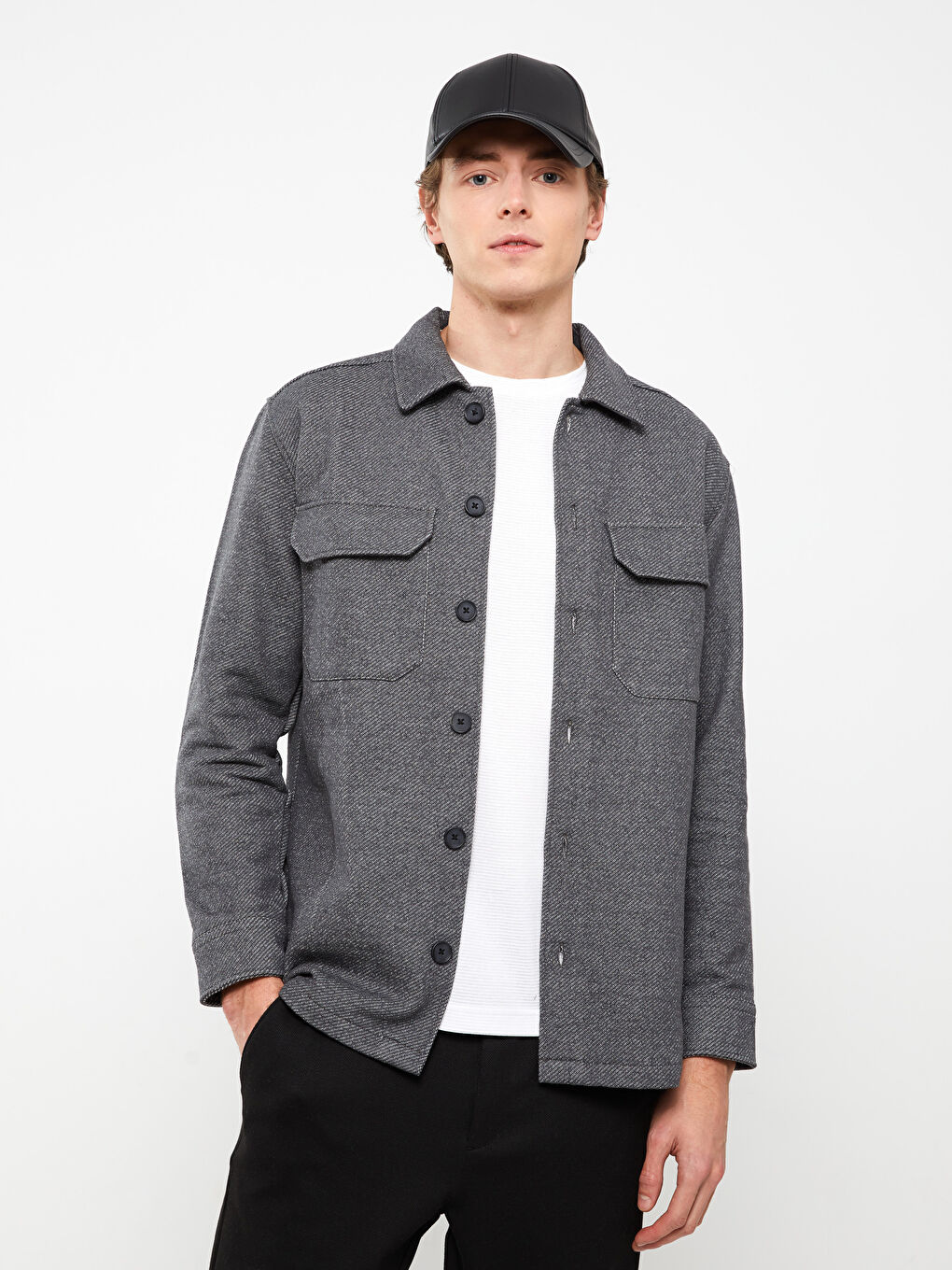 Gri Rahat Kalıp Uzun Kollu Erkek Gömlek Ceket-1