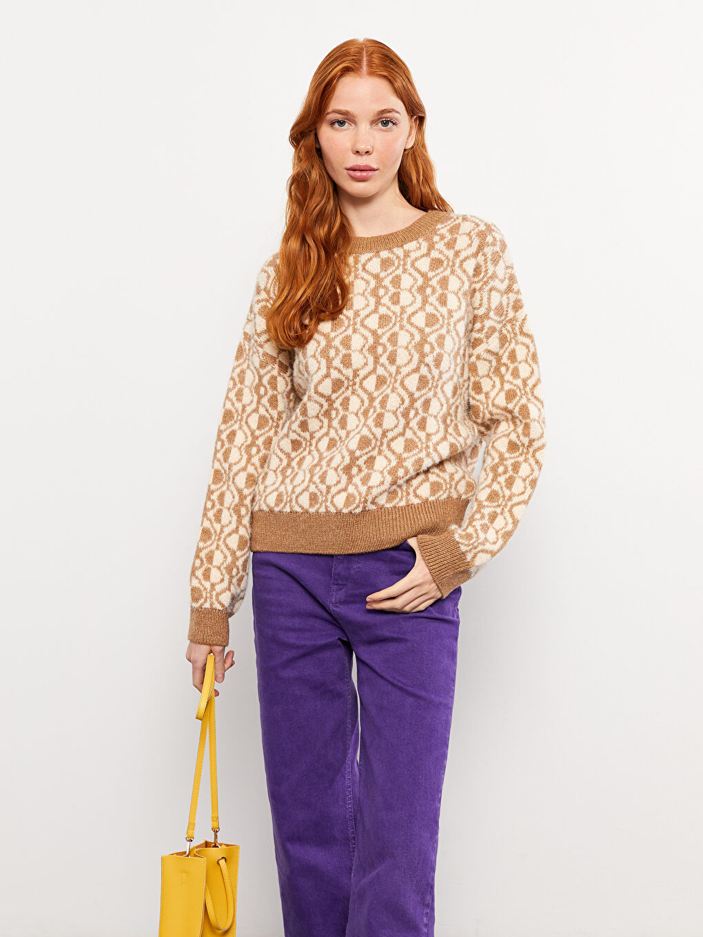 Crew Neck Patterned Long Sleeve Women's Knitwear Sweater-1