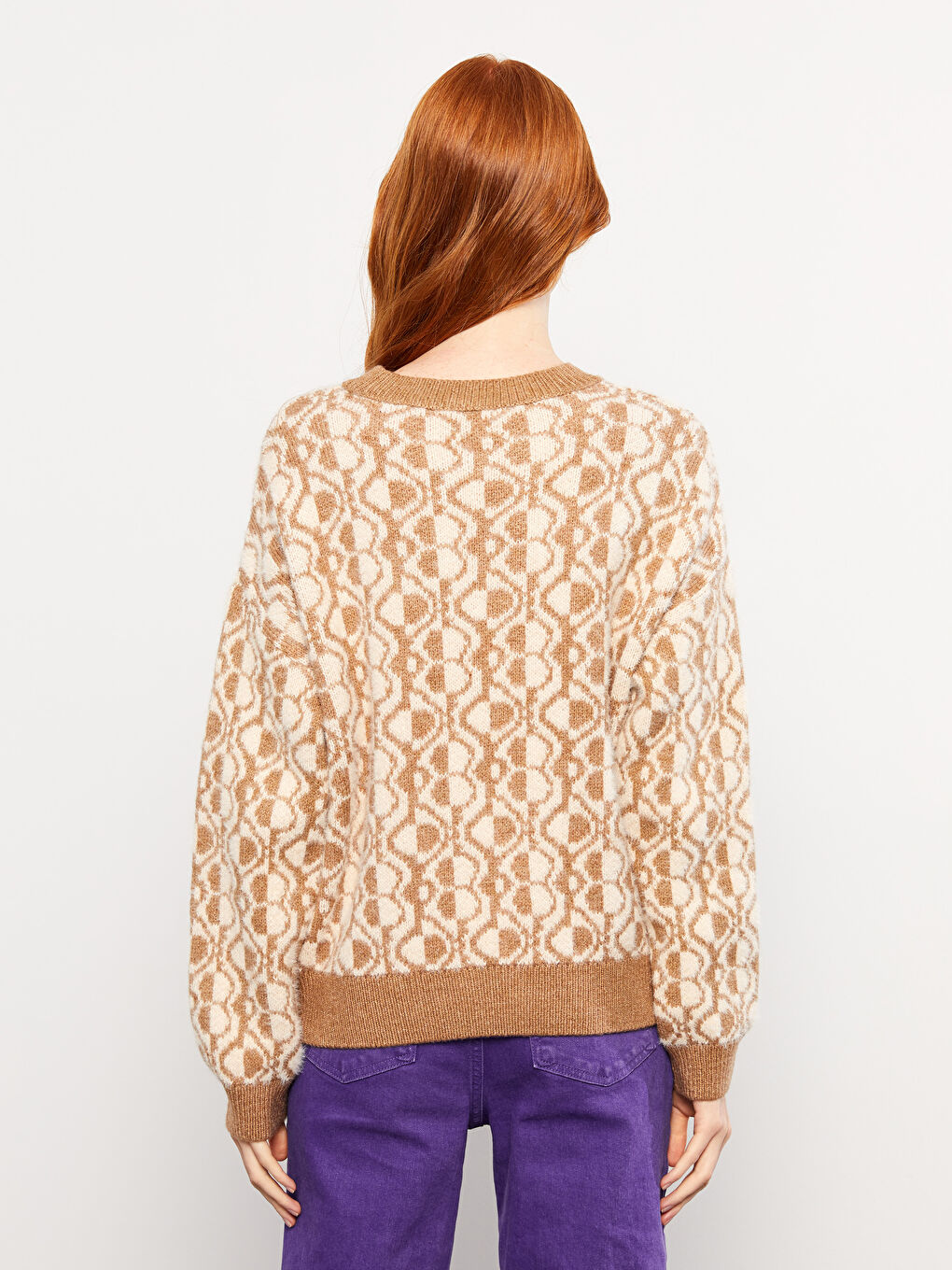 Crew Neck Patterned Long Sleeve Women's Knitwear Sweater-4