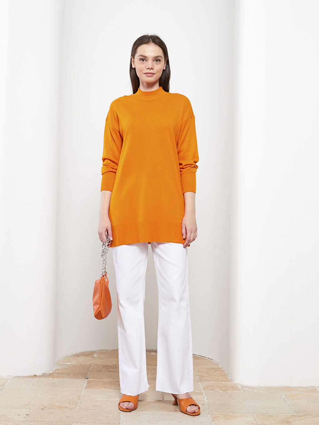 Turuncu Yarım Balıkçı Yaka Düz Uzun Kollu Kadın Triko Tunik