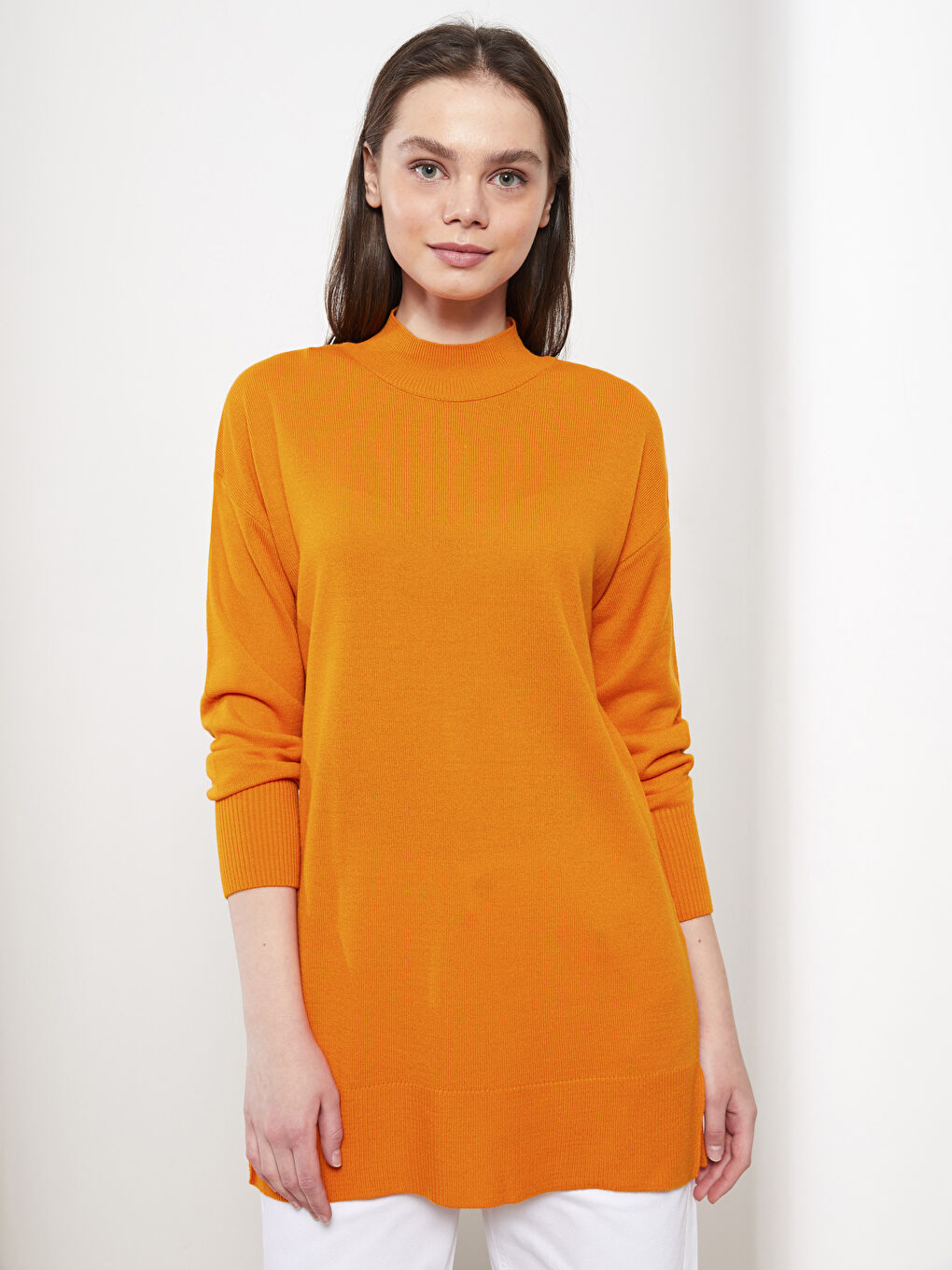 Turuncu Yarım Balıkçı Yaka Düz Uzun Kollu Kadın Triko Tunik-1