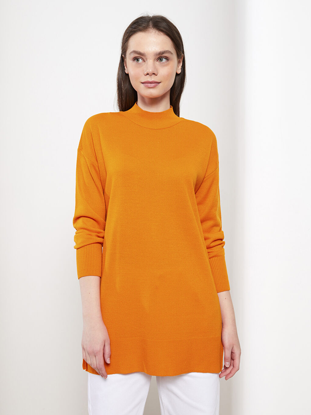 Turuncu Yarım Balıkçı Yaka Düz Uzun Kollu Kadın Triko Tunik-2