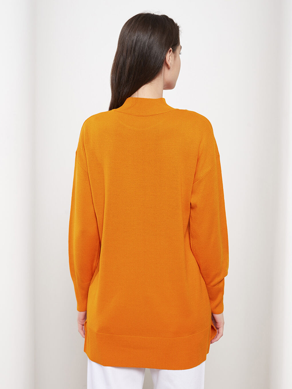 Turuncu Yarım Balıkçı Yaka Düz Uzun Kollu Kadın Triko Tunik-5