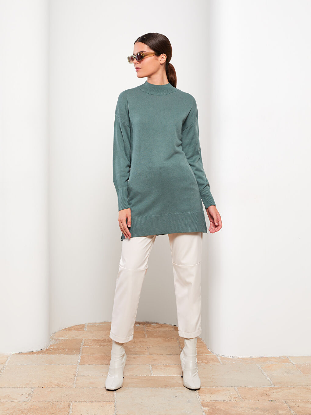 Yeşil Yarım Balıkçı Yaka Düz Uzun Kollu Kadın Triko Tunik